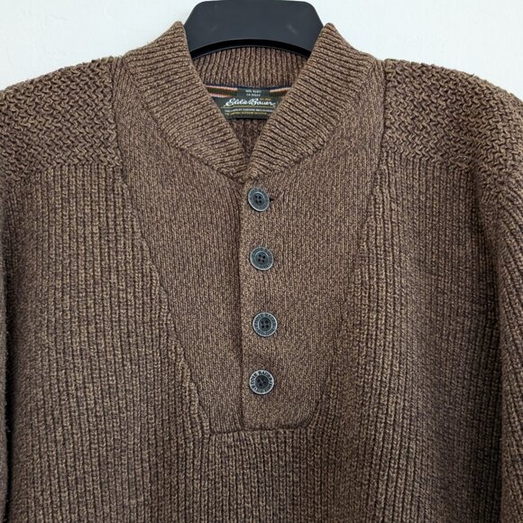 EDDIE BAUER Sweater Men's L Brown Henley Knit Long Sleeve Ribbed Accent Pullover - Picture 2 of 12